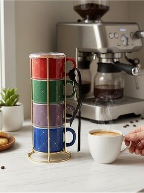 Coco & Lola Espresso Cups Set of 4 Multicolor & Gold Stars w/Stackable Stand NEW